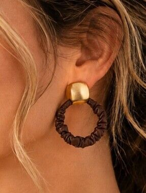 NWT Anthropologie Gold And Leather Hoop Earrings Spring Summer Statement jewelry